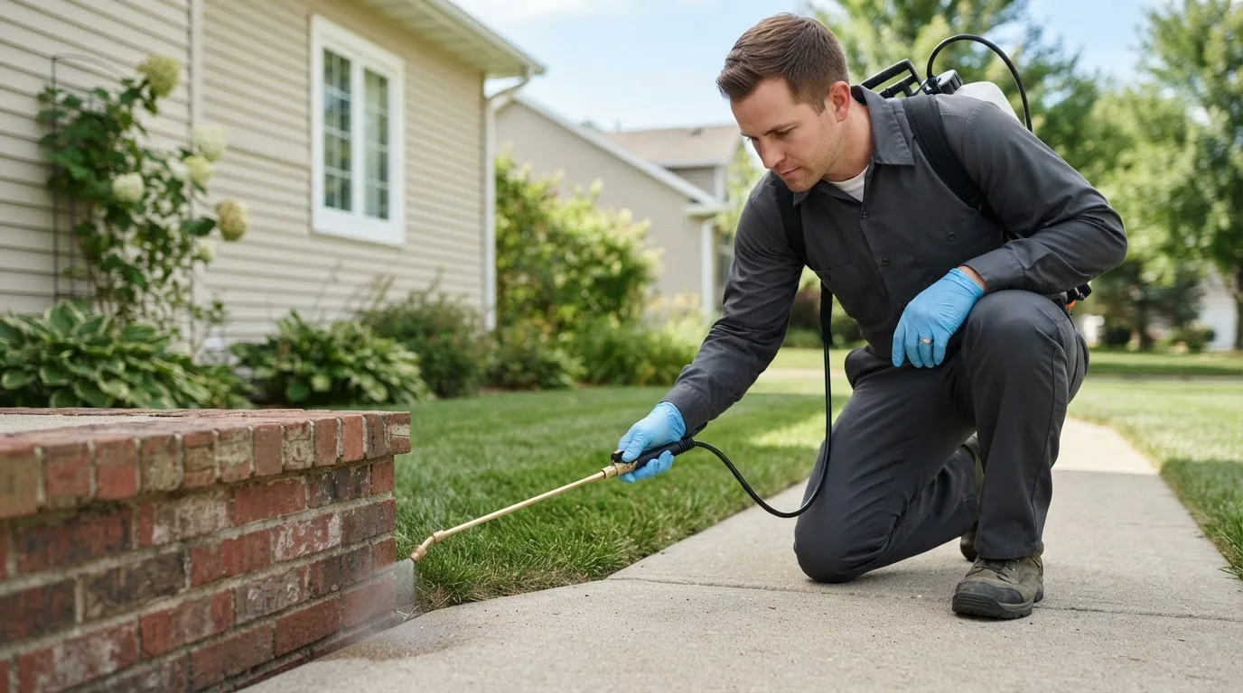 Pest control technician treating a home near Taylors Falls, MN